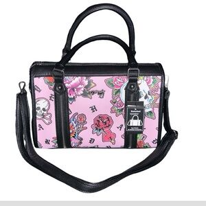 ED HARDY PINK DOUBLE ZIPPER SATCHEL SKULLS HEARTS DIAMONDS BUTTERFLIES ROSES NWT